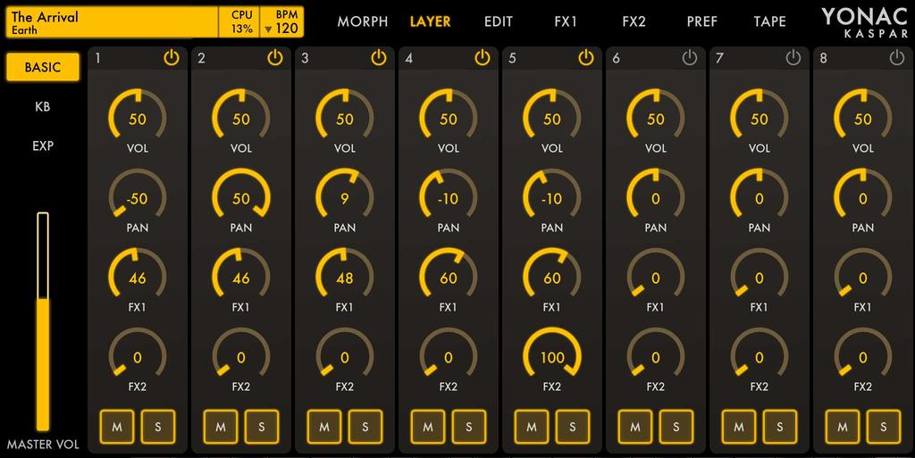LAYER Use the sub panels of the LAYER screen to activate and mix synth engines, as well as to