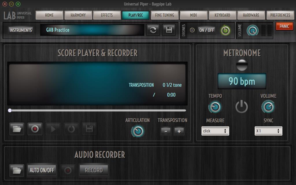 PLAY/REC PANEL SCORE PLAYER & RECORDER TAB To read a score, click on the folder and select a BWW or MIDI file (only the first track is read).