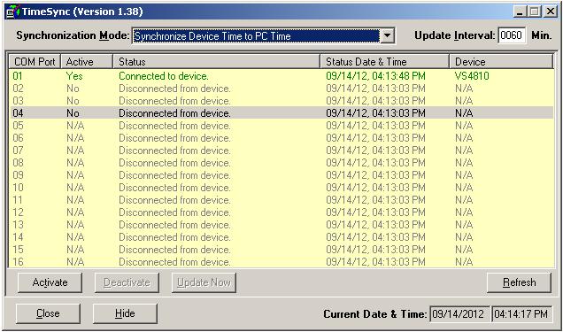Activate Deactivate Update Now Refresh Close Hide Current Date & Time Device List Activate the selected COM port and connect to the device (encoder, tone generator or receiver).