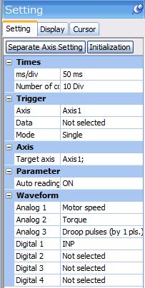 5.. Under the setting Tab: Setting of the items to display the graph Set the items to display analogue and digital waveform, trigger conditions and time for the
