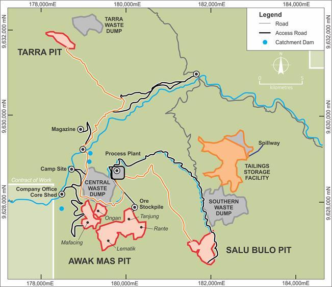 Awak Mas Development Ready Mining 1,2,5 High production rates: 2-3 Mtpa Open Pit: Low strip ratio: ~ 3.5:1 Diluted resource grade: 1.