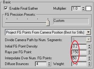 These values will eliminate most of the noise artifacts in the scene while ensuring a reasonably fast calculation time.
