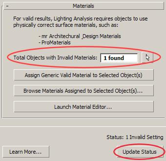 The Total Objects With Invalid Materials box updates to show only one remaining object with an invalid material. Update the grid material: 1 Activate the Top viewport and click Zoom Extents.
