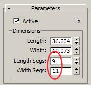 7 Press Alt+W to return to a four-viewport view, and in the Modify panel > Parameters rollout > Dimensions group, set Length Segs to 9 and Width Segs to 11.