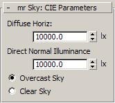 By default, Overcast Sky is chosen. This ensures that the lighting analysis can evaluate light when its intensity is at its lowest. The Diffuse Horiz: control is set to 10,000 lux.