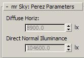 6 On the Modify panel, scroll to the mr Sky: Perez Parameters rollout and see how the illumination values now reflect the 9am sampling time.
