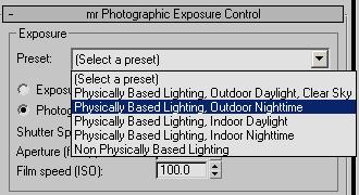 14 From the mr Photographic Exposure Control rollout > Exposure group > Preset drop-down list,