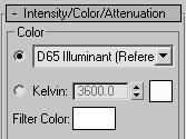 9 On the Intensity/Color/Attenuation rollout, choose the radio button that activates the Color drop-down list (as opposed to the