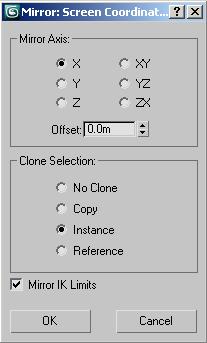18 In the Top viewport, Ctrl+select the two light objects, and then click the Mirror tool. 19 In the Mirror dialog > Mirror Axis group, make sure X is chosen.