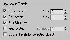 4 In the Rendered Frame window > Include In Render group, turn off Final Gather, and then click Render to render the scene again.