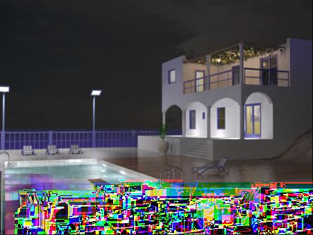 26 Right-click any viewport, select Unhide All from the quad menu, then render the Camera-Terrace viewport. This completes the rendering of the villa at night.
