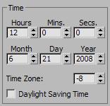 The Control Parameters > Time group contains controls that let you modify the date and time of day, which also affects