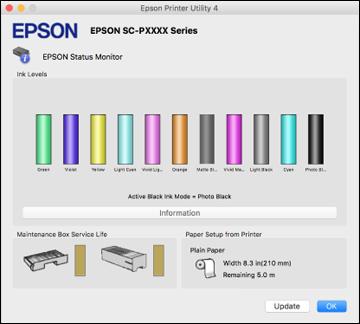 2. Select EPSON Status Monitor. You see a window like this: 3. Do the following as necessary: To update the ink cartridge status, click Update.