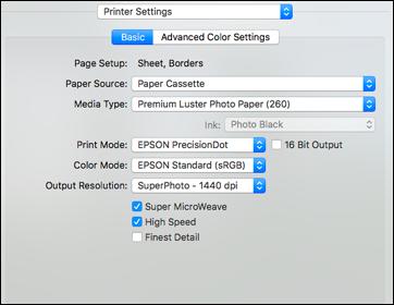 You see these settings: 10. Select the Paper Source setting. 11. Select the type of paper you loaded as the Media Type setting. Note: The setting may not exactly match the name of your paper.