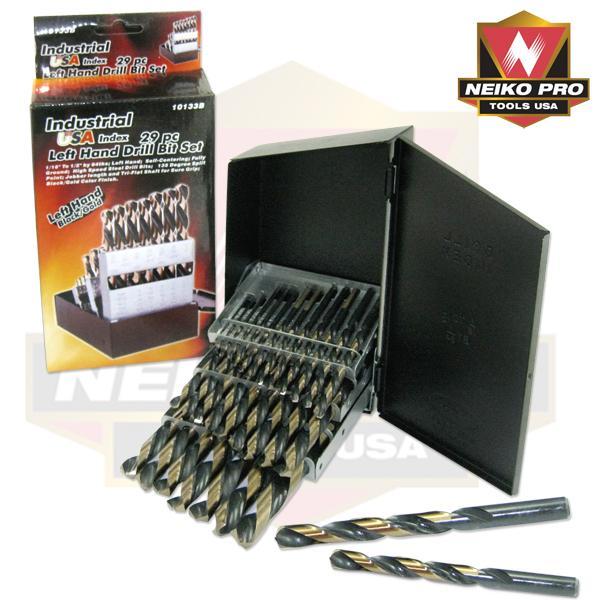 29 PC LEFT HAND DRILL BIT SET These left handed drill bits are industrial grade, self-centering, 135 split point and have the black and gold finish.