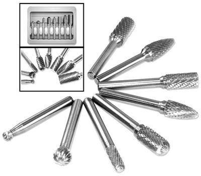 These are machine shop quality carbide burrs with 1/4" shanks and the set includes four cylinder sizes, two ball sizes, and two round tree sizes in a plastic carrying case.
