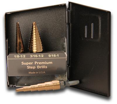 MAGNUM STEP DRILL SETS These Magnum Super Premium Step Drill sets feature a special axial and radial flute design to speed work piece penetration.