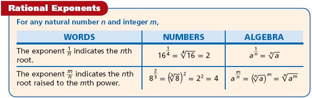 Page 6 of 12 m A rational exponent is an exponent that can be expressed as, where m and n n are integers and n 0. Radical expressions can be written by using rational exponents. Video Example.