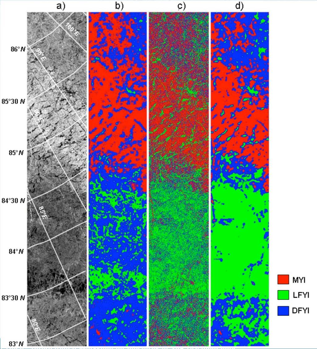 Comparison of NN and Bayesian classification a) Subset of SAR image from 14 January 2008; b) result of NN classification