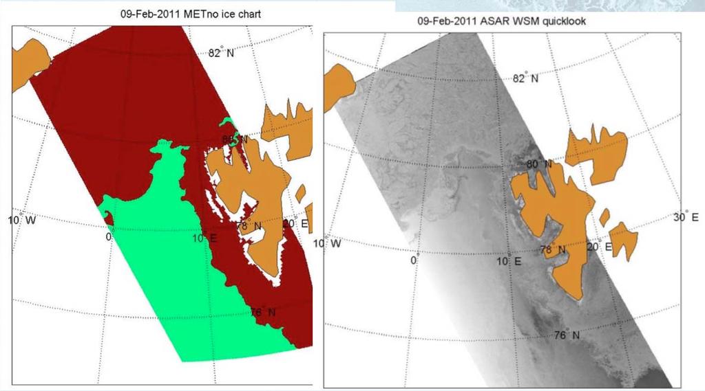 no ice chart Brown: sea ice (concentration values from 15 to 100 %) Green: OW (concentration from 0 to 15%) White: outside