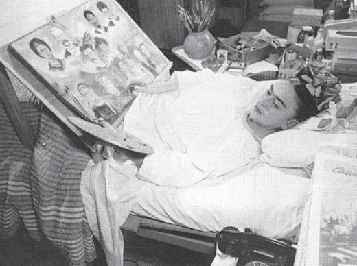 Fig. 4. Frida Kahlo. Accident, 1926. Collection Juan Rafael Coronel Rivera, en promesa de donación al Museo Nacional de Arte. Fig. 5. Frida Kahlo working in bed, 1952. Photo by Juan Guzman.