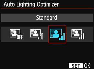 In Basic Zone modes, [Standard] is set automatically. 1 2 Select [Auto Lighting Optimizer]. Under the [z2] tab, select [Auto Lighting Optimizer], then press <0>. Select the setting.