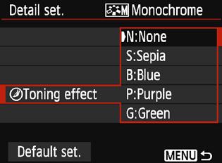 A Customizing Image CharacteristicsN V Monochrome Adjustment For Monochrome, you can also set [Filter effect] and [Toning effect] in addition to [Sharpness] and [Contrast] explained on the preceding