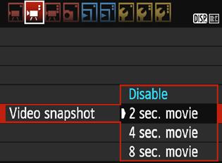 3 Shooting Video Snapshots You can shoot a series of short movie clips lasting approx. 2 sec., 4 sec., or 8 sec. called video snapshots.