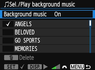 3 Slide Show (Auto Playback) Selecting the Background Music After you use EOS Utility (EOS software) to copy background music to the card, you can play background music together with the slide show.