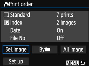 W Digital Print Order Format (DPOF) Print Ordering Sel.Image Quantity Total images selected Select and order images one by one. To display the three-image display, press the <Hy> button.