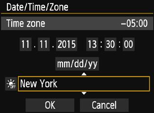 Set the camera to the time zone in which you currently live so that, when you travel, you can simply change the setting to the correct time zone for your destination, and the camera will