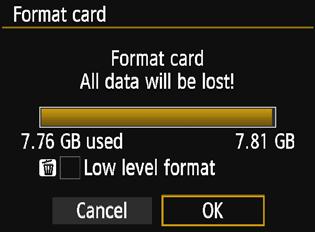 If necessary, transfer the images and data to a computer, etc., before formatting the card. 1 Select [Format card]. Under the [51] tab, select [Format card], then press <0>.