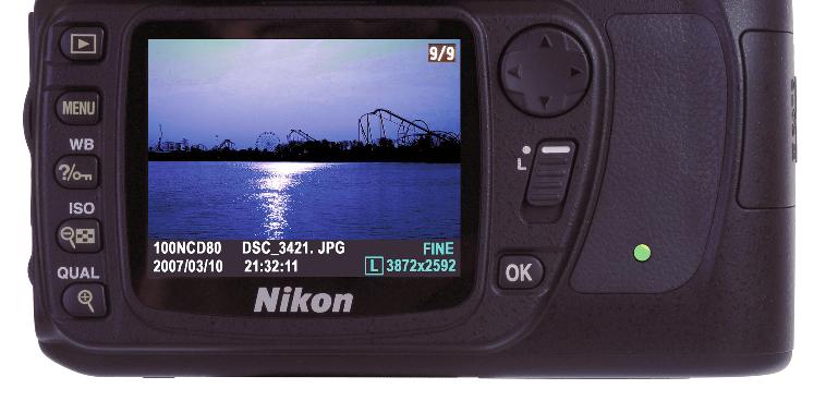 Chapter 1 Exploring the Nikon D80 29 Help/Protect/White balance button Menu button Focus selector lock Playback button LCD viewing monitor Multiselector Playback zoom/image quality/size button