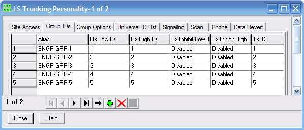 Figure 3-5 Group IDs Group IDs and their Aliases can be programmed in this window for the each LS Trunking Personality.