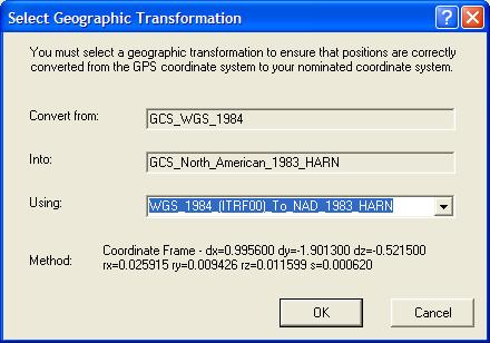 When a geodatabase is GPS-enabled, you are prompted to specify a datum transformation if your geodatabase is referenced to something other than WGS 84.