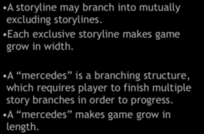 Summary branching game structures A storyline may branch into mutually excluding storylines. Each exclusive storyline makes game grow in width.