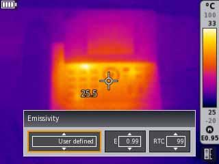 Emissivity and RTC setting User-defined setting of emissivity or selection from the list of defined materials.