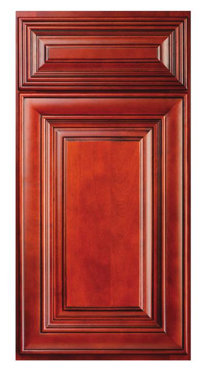 This full overlay door style features a medium Saddle stain, a vibrant Cherry