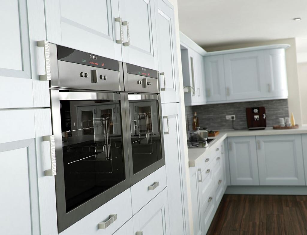 painted woodgrain kitchen with solid ash frames and soft chamfered edges.