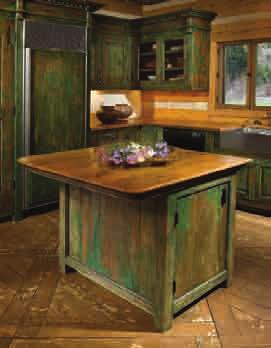 kitchens, cabinetry and millwork Rustic green kitchen island and caabinets constructed with reclaimed Douglas Fir and antique Mexican Bar