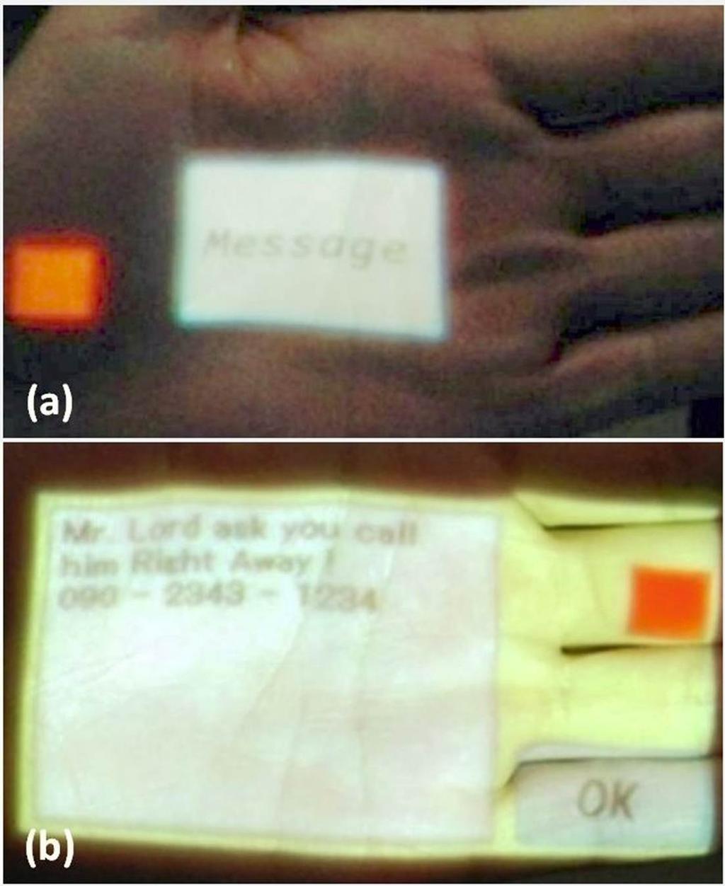 Chapter 2. Visual Interface on Palm 34 Figure 2.12: The example of message viewer. A new message is notified through the palm display (a) and the user can check the message (b). 2.5.