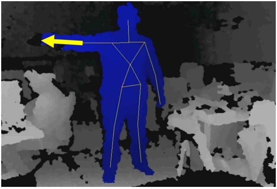 Chapter 3. Selection in Augmented Space 58 Figure 3.10: Visualization of a tracked user. The blue are indicates the tracked user s body, and the yellow arrow (i.e., from elbow to hand) designates the user s pointing direction.