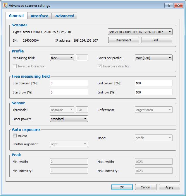 Working with scancontrol Configuration Tools 3.9 Advanced Scanner Settings The "Advanced scanner settings" dialog box offers you extended settings for the scancontrol measurement system.