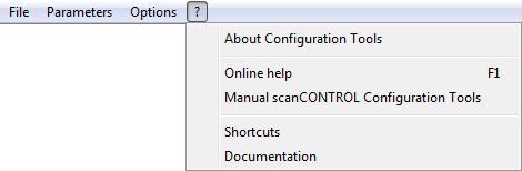 Working with scancontrol Configuration Tools 3 - Options: Save parameters to scancontrol: Saves the parameters of all active measuring programs permanently on the scancontrol measurement system (see