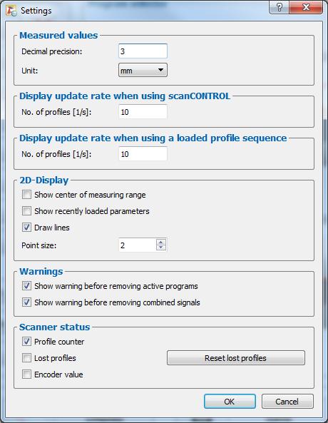Working with scancontrol Configuration Tools 3.20 Basic Settings Select the menu item "Options Settings..." to make basic settings for the software. The "Settings" dialog is displayed (see Fig. 3.67).