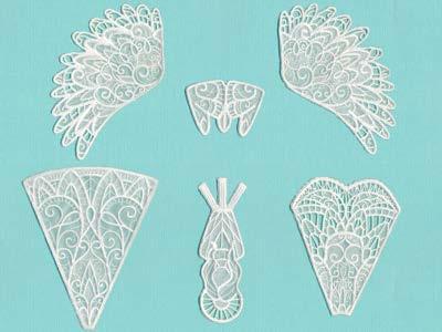 Freestanding lace and organza designs have been specially digitized for water-soluble stabilizer.