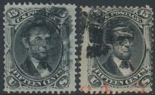 United States continued x1030 1025 x1025 #91, 98 1866 15c black Lincoln with E Grill, two fi ne used copies.