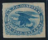 ... Scott $200 1076 (*) #L02, L05, L06 Group of 3 General Issue 1c blue Carrier Stamps, each unused (no gum), with two imperforate and one perforated. Appear to be genuine and sold as is.