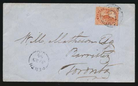 Cents Issue (Scott #14-20) 53 54 #12 1859 3d red Perforated Beaver on Cover. Mailed Perth U.C. JUN.23.