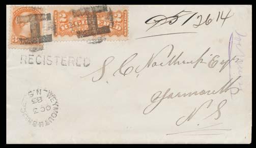 With contents. Ex. Hicks collection and very fi ne....est. $300 1232 1882 Orangeville to Grenville franked with a marginal copy of 1c Small Queen, tied to yellow cover by a fancy EB cancel.
